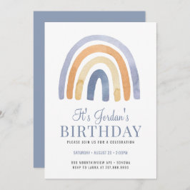 Boho Rainbow Blue Kind Birthday Party Invitation Kaart
