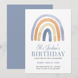 Boho Rainbow Blue Kind Birthday Party Invitation Kaart