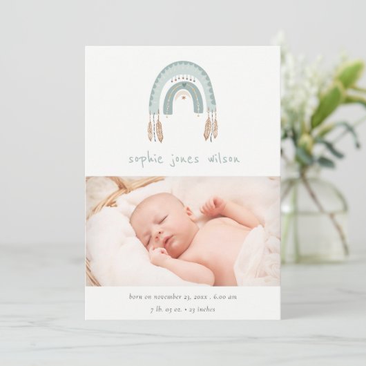 Boho Rainbow Blue Script Foto geboorteaankondiging Bedankkaart (Staand voorkant)