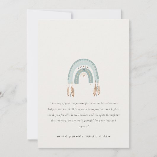 Boho Rainbow Blue Script Foto geboorteaankondiging Bedankkaart (Achterkant)