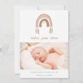 Boho Rainbow Blush Script Foto geboorteaankondigin Bedankkaart (Voorkant)
