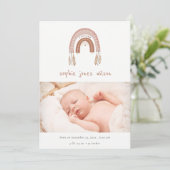 Boho Rainbow Blush Script Foto geboorteaankondigin Bedankkaart (Staand voorkant)