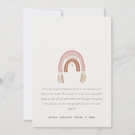 Boho Rainbow Blush Script Foto geboorteaankondigin Bedankkaart (Achterkant)