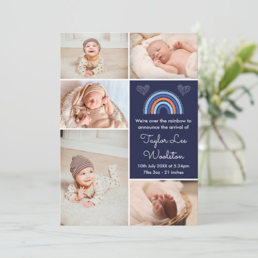 Boho Rainbow Boy Navy Blue Birth Announounement Aankondiging (Staand voorkant)