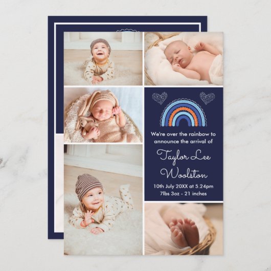 Boho Rainbow Boy Navy Blue Birth Announounement Aankondiging (Voorkant / Achterkant)