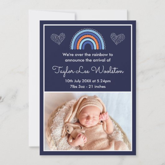 Boho Rainbow Boy Navy Blue Birth Announounement Aankondiging (Voorkant)