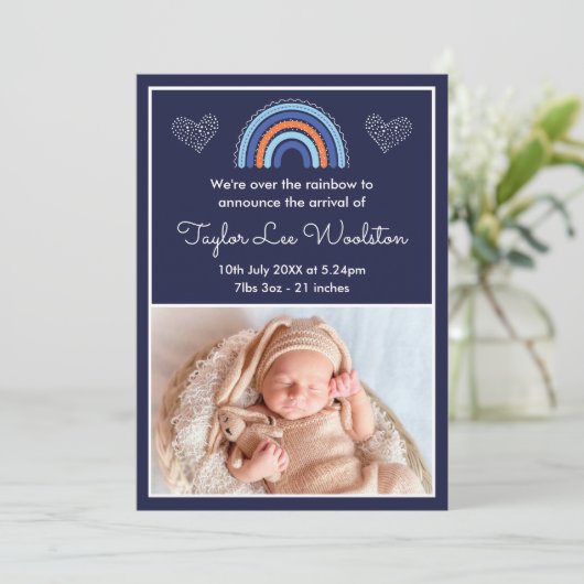 Boho Rainbow Boy Navy Blue Birth Announounement Aankondiging (Staand voorkant)