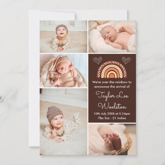 Boho Rainbow Brown Birth Announement Aankondiging (Voorkant)