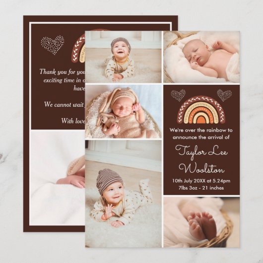 Boho Rainbow Brown Birth Announement Aankondiging (Voorkant / Achterkant)