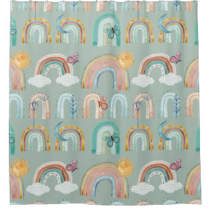 Boho Rainbow Butterfly Floral Mint Sage Terracotta Douchegordijn