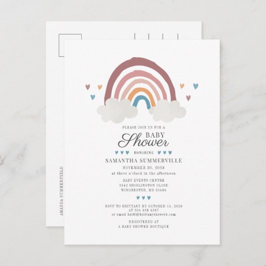 Boho Rainbow Chic Waterverf Script Baby shower Uitnodiging Briefkaart (Voorkant / Achterkant)