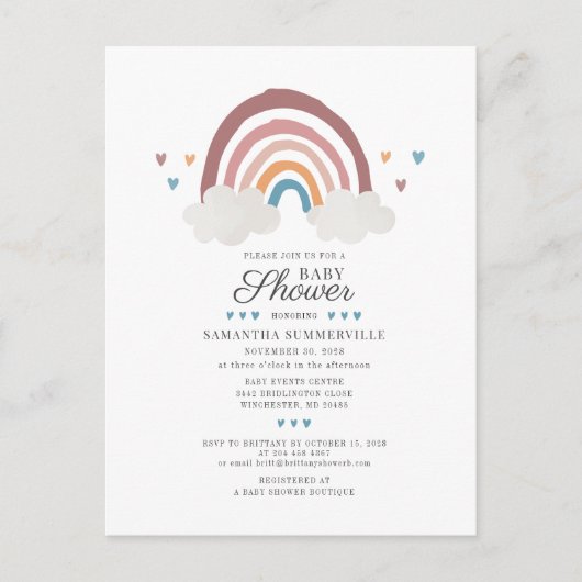 Boho Rainbow Chic Waterverf Script Baby shower Uitnodiging Briefkaart (Voorkant)