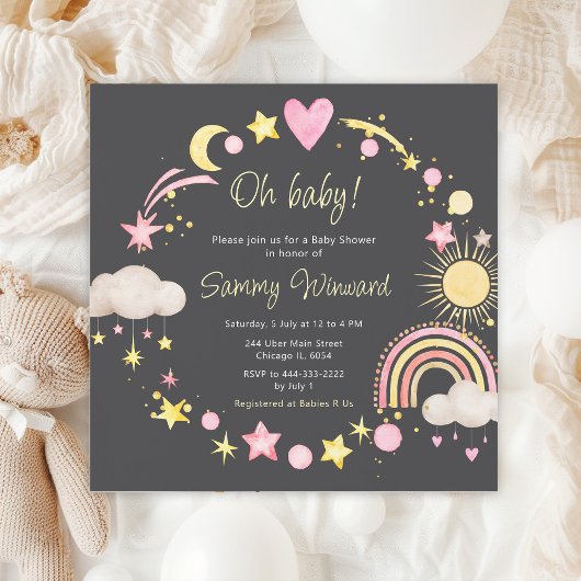 Boho Rainbow Clouds Roze Baby shower Kaart