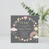 Boho Rainbow Clouds Roze Baby shower Kaart (Staand voorkant)