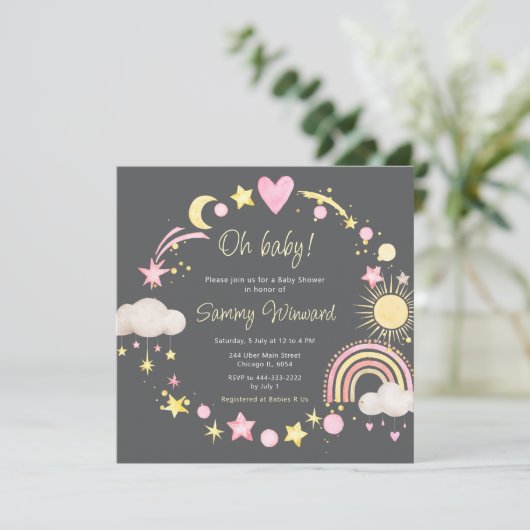 Boho Rainbow Clouds Roze Baby shower Kaart (Staand voorkant)