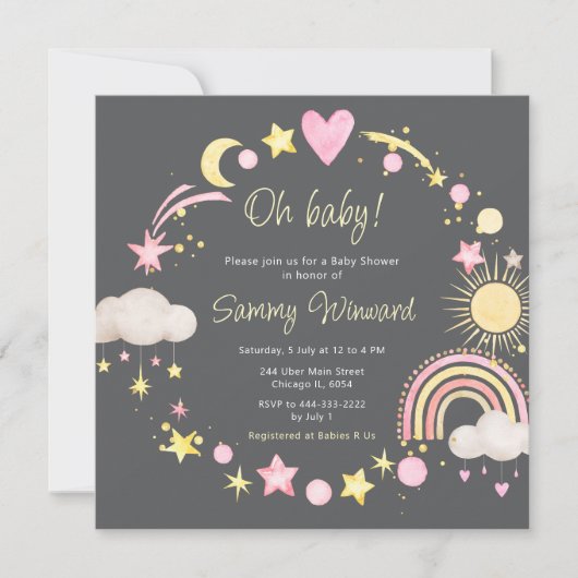 Boho Rainbow Clouds Roze Baby shower Kaart (Voorkant)