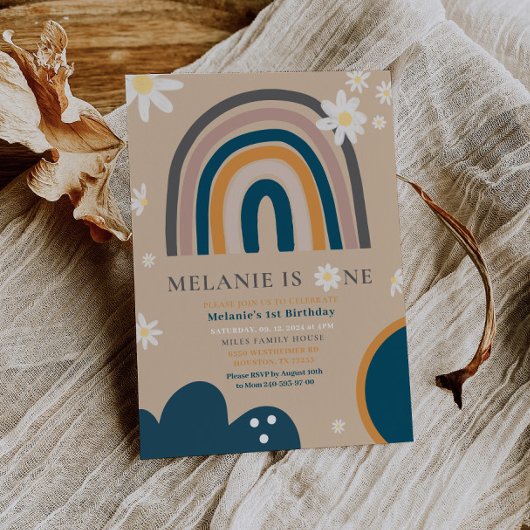 Boho Rainbow Daisy 1e Verjaardag Uitnodiging