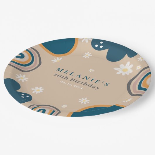 Boho Rainbow Daisy Beige Verjaardag Papieren Bordje (Gekanteld)
