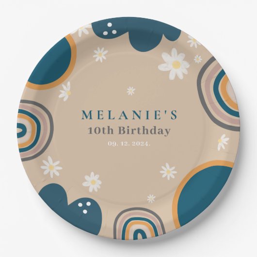 Boho Rainbow Daisy Beige Verjaardag Papieren Bordje (Voorkant)