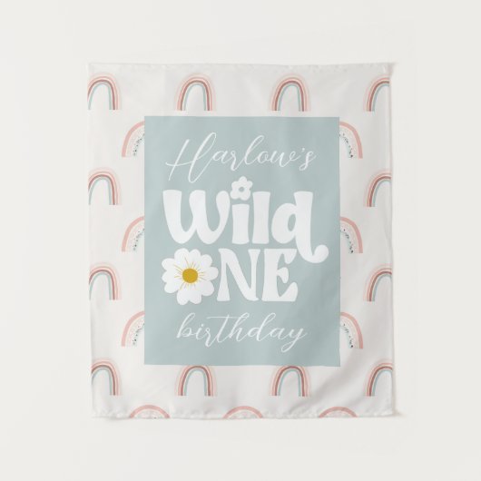 Boho Rainbow Daisy Wild One Girl's eerste verjaard Wandkleed (Voorkant)