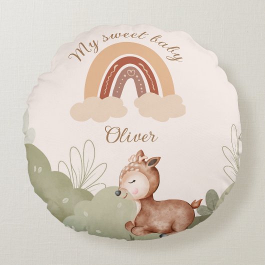 Boho Rainbow Deer Personalized Round Pillow Rond Kussen (Voorkant)