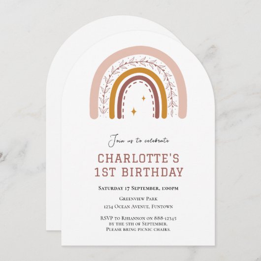 Boho Rainbow eenvoudige 1e verjaardag uitnodiging (Voorkant / Achterkant)