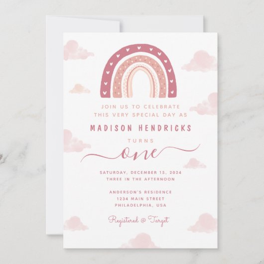 Boho Rainbow en Clouds Pastel Pink Birthday Kaart (Voorkant)