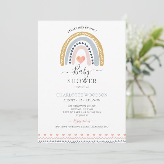 Boho Rainbow en Hearts Baby shower Invitation Kaart (Staand voorkant)