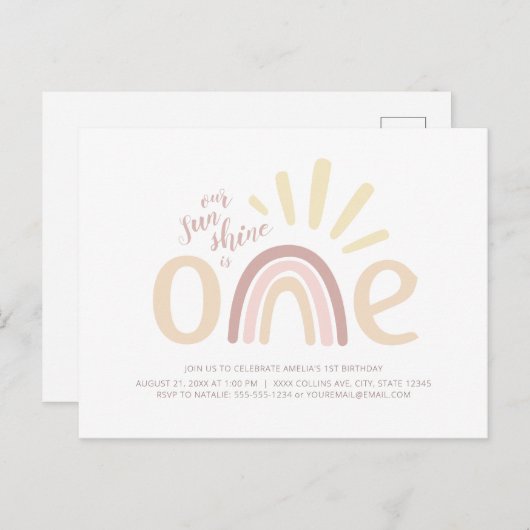 Boho Rainbow en Sunshine 1e Birthday Invitation Briefkaart (Voorkant / Achterkant)