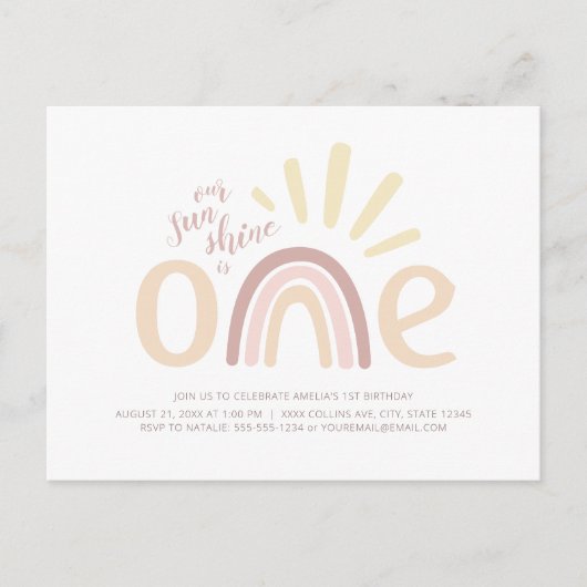 Boho Rainbow en Sunshine 1e Birthday Invitation Briefkaart (Voorkant)
