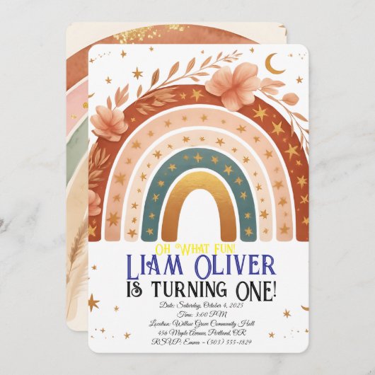 Boho Rainbow First Birthday Invitation Kaart (Voorkant / Achterkant)