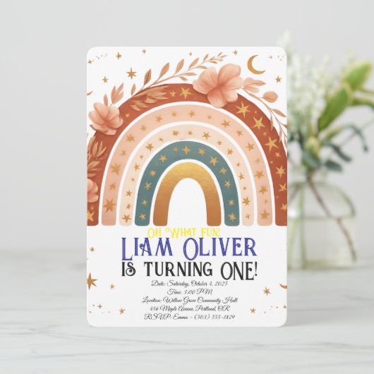 Boho Rainbow First Birthday Invitation Kaart (Staand voorkant)