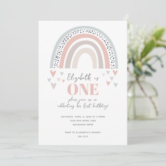 Boho Rainbow First Birthday Invitation Kaart (Staand voorkant)