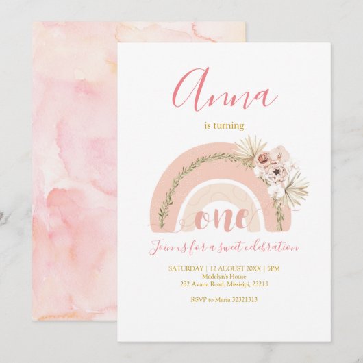 Boho Rainbow First Birthday Invitation Kaart (Voorkant / Achterkant)