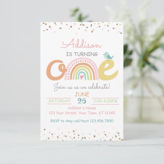 Boho Rainbow First Birthday Party Invitation ONE Kaart (Staand voorkant)