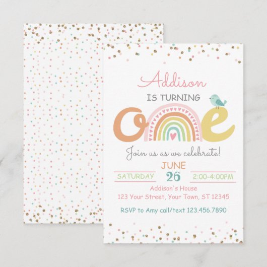 Boho Rainbow First Birthday Party Invitation ONE Kaart (Voorkant / Achterkant)