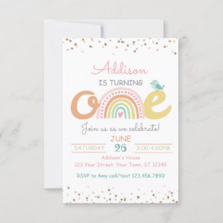 Boho Rainbow First Birthday Party Invitation ONE Kaart