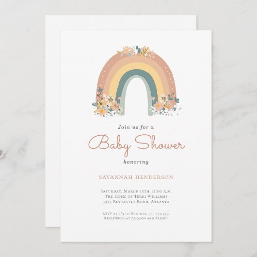 Boho Rainbow Floral Baby shower Uitnodiging (Voorkant / Achterkant)