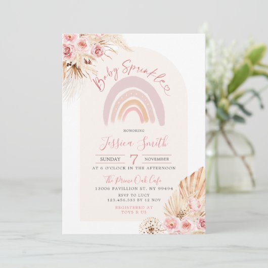 Boho Rainbow Floral Baby Sprinkle Uitnodiging (Staand voorkant)