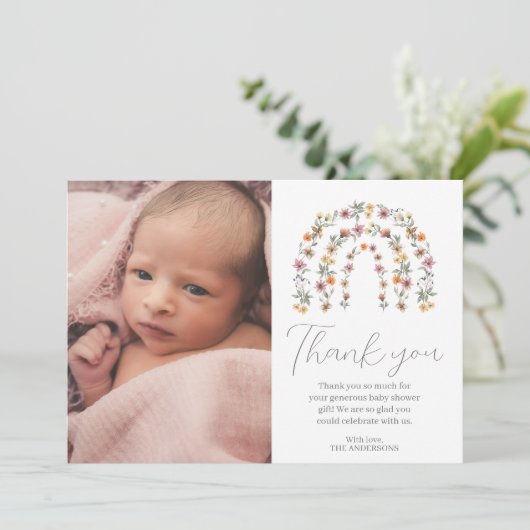 Boho Rainbow Floral Wildflower Girl Baby shower Bedankkaart (Staand voorkant)