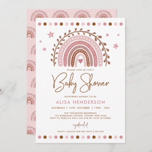 Boho Rainbow | Gemoute roze terracotta Baby shower Kaart (Voorkant / Achterkant)