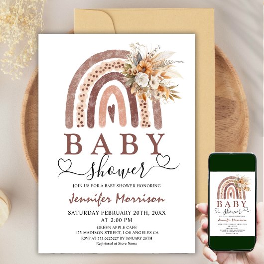 Boho Rainbow | Genderneutraal bruin Baby shower Kaart