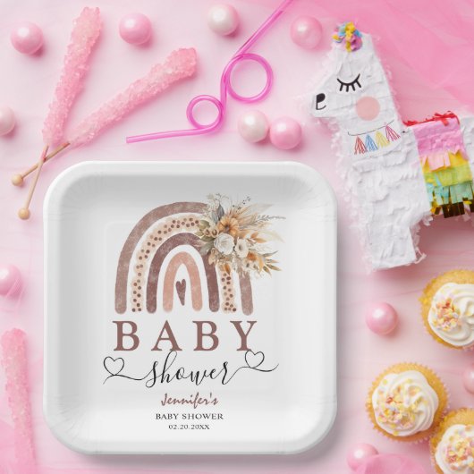 Boho Rainbow | Genderneutraal bruin Baby shower Papieren Bordje (Feest)