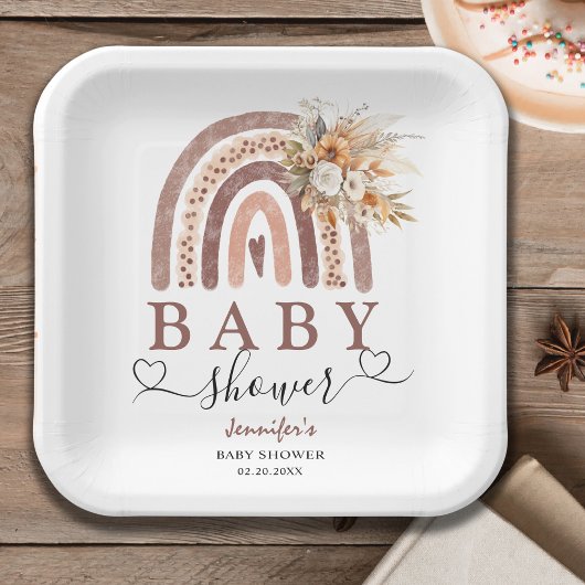 Boho Rainbow | Genderneutraal bruin Baby shower Papieren Bordje