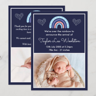 Boho Rainbow Girl Navy Blue Birth Announement Aankondiging