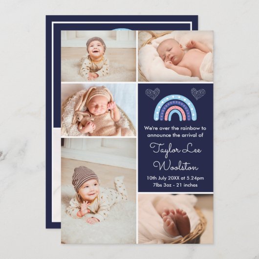 Boho Rainbow Girl Navy Blue Birth Announement Aankondiging (Voorkant / Achterkant)