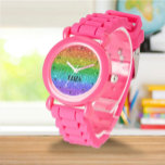 Boho Rainbow Glitter Cute Girls Roze Kinderen Horloge<br><div class="desc">Stomme regenbooglitter horloge. Meisje,  perfect voor kinderen. Pas het aan met de naam van je kind.</div>