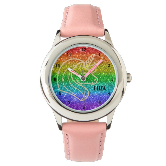 Boho Rainbow Glitter Cute Girls Unicorn Kinder Wat Horloge (Voorkant)