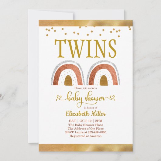 Boho Rainbow Gold Twin Baby shower Invitation (Voorkant)