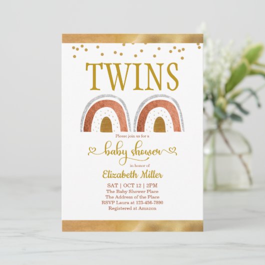 Boho Rainbow Gold Twin Baby shower Invitation (Staand voorkant)